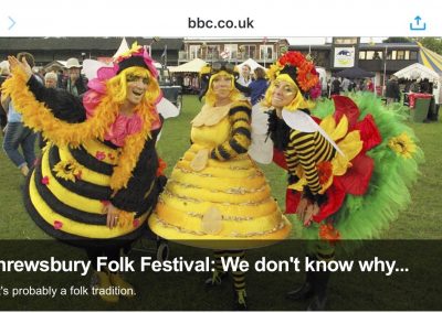 3 people wearing bee costumes are smiling. Text at the bottom in white says, "Shrewsbury Folk Festival: We don't know why... it’s probably a folk tradition".