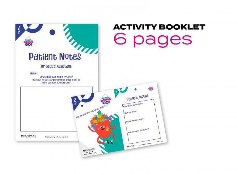 A white background. A white, green and blue booklet with 'Patient notes' written on it and an open booklet. Words saying 'Activity Booklet 6 pages' is to the right.