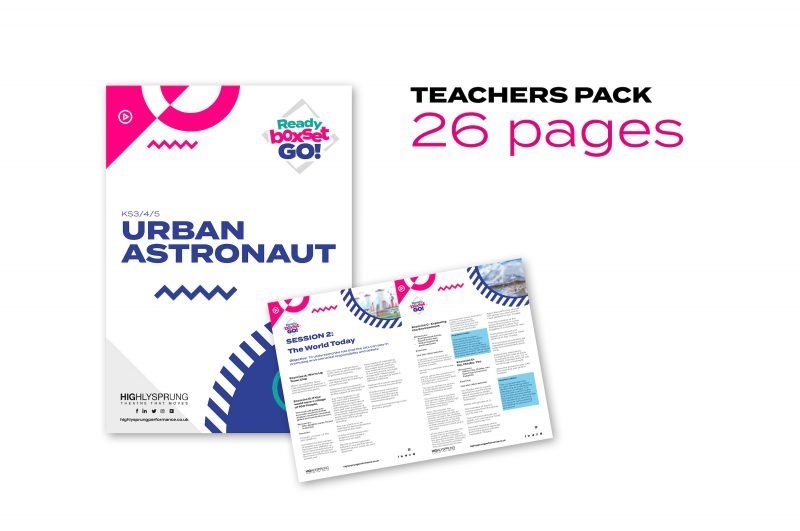 A white background. A white, pink and blue booklet with urban astronaut and an open booklet. Words saying 'Teachers pack 26 pages' is to the right.