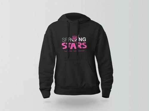 The front of a black hoodie with a pink logo in the centre reading Sprung Stars. There is a pouch pocket in the hoodie.